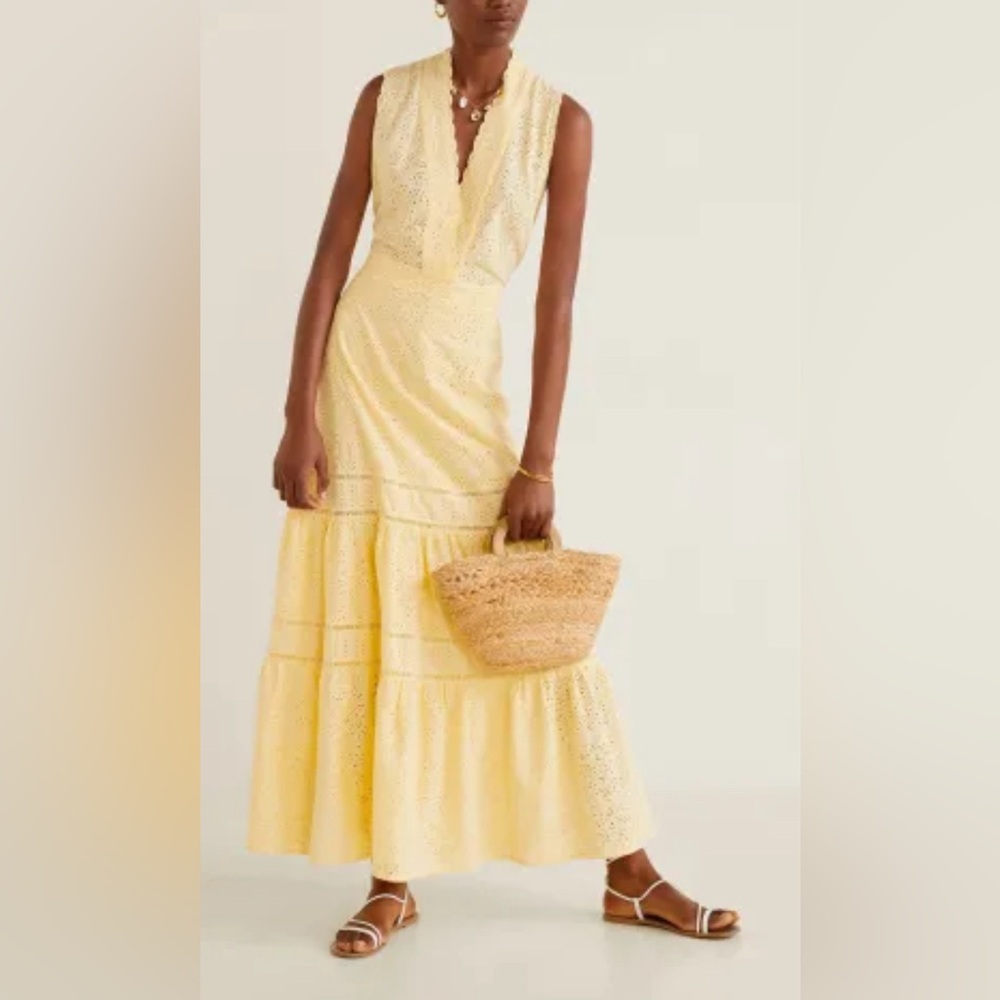 MANGO MNG Maxi dress Yellow Cotton Eyelet Lace Ruffle Size 4/small